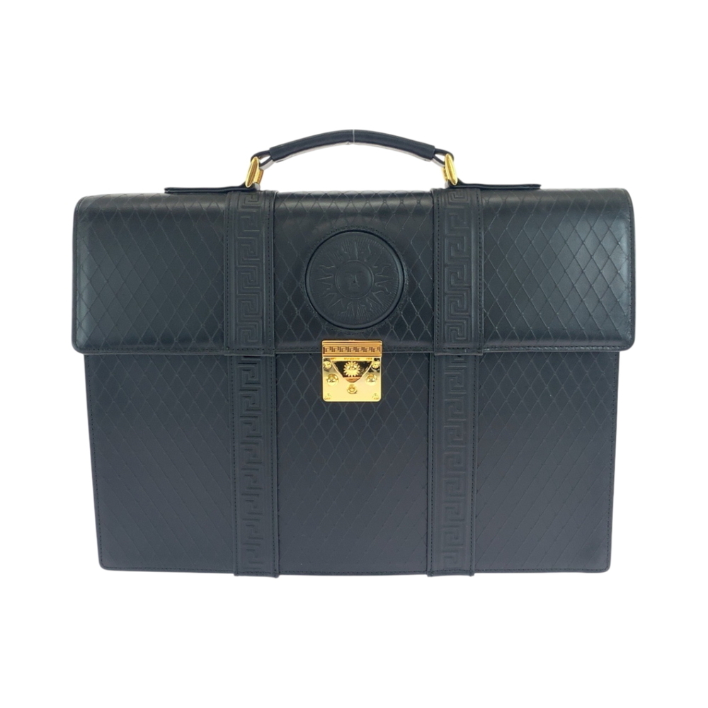 Gianni Versace Vintage Sunburst Black Leather Business Briefcase with Gold Ha...